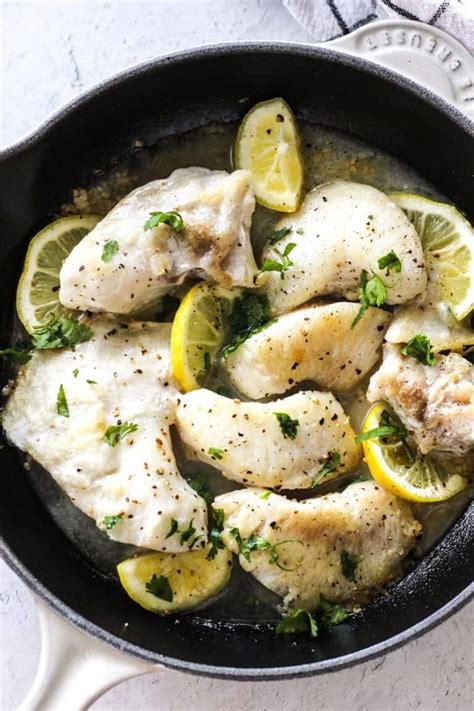 Halibut Cheeks with Lemon Garlic Butter .